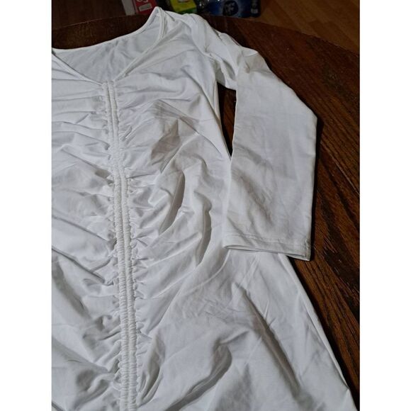 New XL Runs Small Off White Long Sleeve Sexy Bodycon Ruched Front Mini Dress - Picture 3 of 5